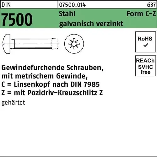 Kostenloser Rückversand Gewindefurchendeschraube DIN 7500 LIKO PZ CM 8x20-Z Stahl galv.verz. 250St.