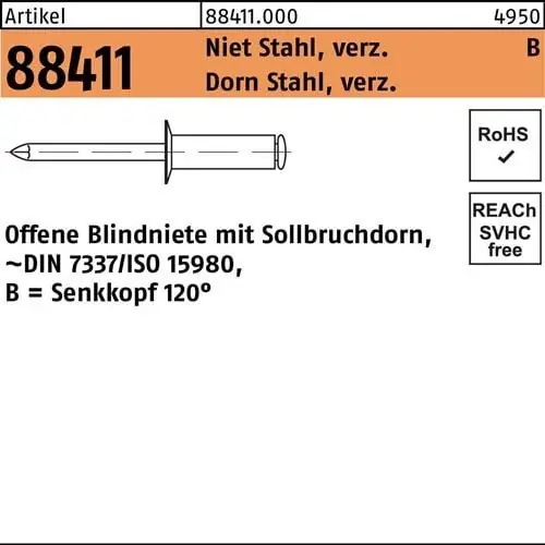 Blindniete R 88411 SEKO 4x10 Niet Stahl verz./Dorn Stahl verz. 500St. Nur Heute