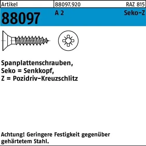 Beliebt Spanplattenschraube R 88097 Seko PZ 3,5x 50-Z A 2 200 Stück