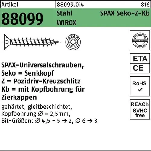 Begrenztes Angebot Spanplattenschraube R 88099 Seko PZ 4,5x20/10-Z Sta galv.verz. WIROX 1000St SPAX