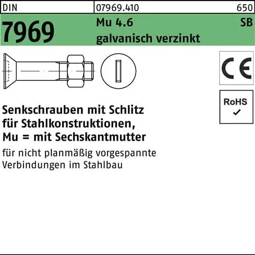 Kostenloser Rückversand Senkschraube DIN 7969 Schlitz/Mutter M16x 140 4.6 galv.verz. 25St.