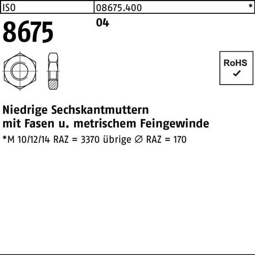 Preiswert Sechskantmutter ISO 8675 Fasen M30x 1,5 Automatenstahl 25 Stück