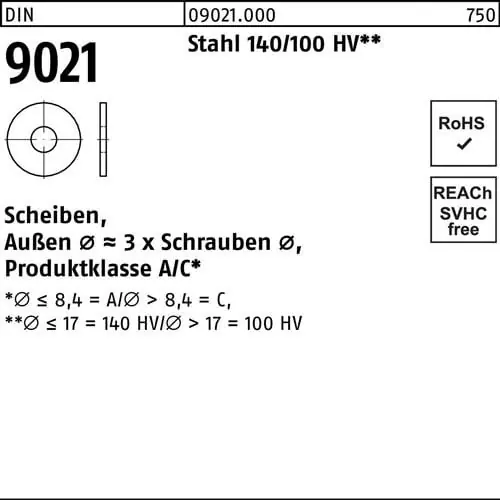 Top-Preis Unterlegscheibe DIN 9021 3,2x 9x0,8 Stahl 140/100 HV 500 Stück