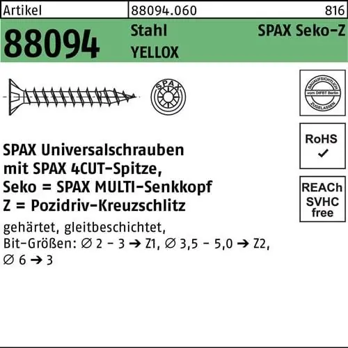 Kostenloser Versand Schraube R 88094 SEKO Spitze/PZ 4x35/30-Z Stahl galv.verz. gelb 1000St. SPAX