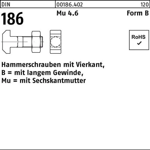 Hammerschraube DIN 186 FormB Vierkant 6-ktmutter BM 20x 60 Mu 4.6 10 Stück Jetzt Kaufen