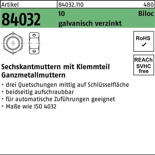 Letzte Chance Sechskantmutter R 84032 Biloc Klemmteil M20 10 galv.verz. 50 Stück