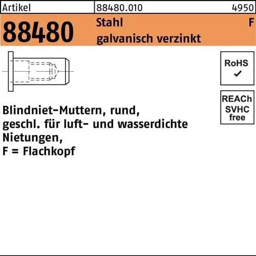 Blindnietmutter R 88480 FLAKO M6 /0,5 -3,0 Stahl galv.verz. 500 Stück Top-Seller
