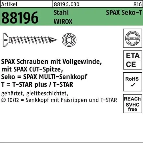 Rabatt Schraube R 88196 Seko Spitze/T-STAR VG 8x220-T40 Sta galv.verz. WIROX 50St. SPAX