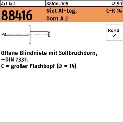 Neue Kollektion Blindniete R 88416 großer FLAKO 5x16 Niet Aluminium/Dorn A 2 250St.