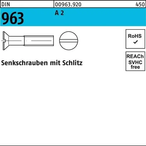 Senkschraube DIN 963 Schlitz M6x 70 A 2 50 Stück Aktuell