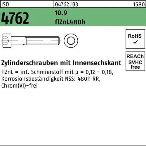 Kostenloser Versand Zylinderschraube ISO 4762 Innen-6kt M12x110 10.9 zinklamellenb. 50St.