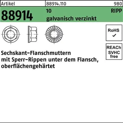 Jetzt Bestellen Sechskantflanschmutter R 88914 Sperr-Ripp M5 10 galv.verz. 500 Stück