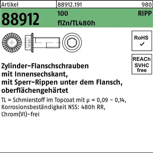 Zylinderflanschschraube R 88912 Sperr-Ripp In.-6kt M12x50 100 flZnnc480h-L 100St Versand Am Gleichen Tag