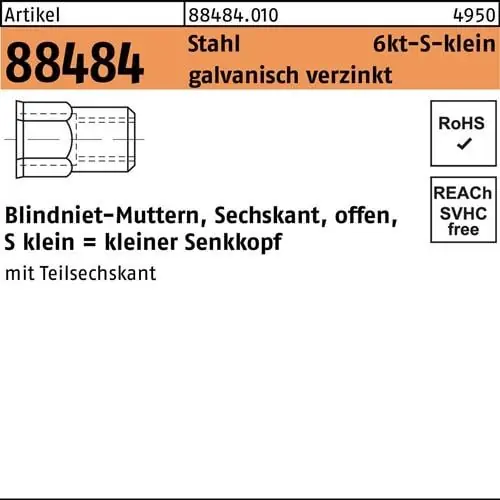 Sechskantblindnietmutter R 88484 SEKO M8 /0,5 -3,0 Stahl galv.verz. 100St. Solange Der Vorrat Reicht