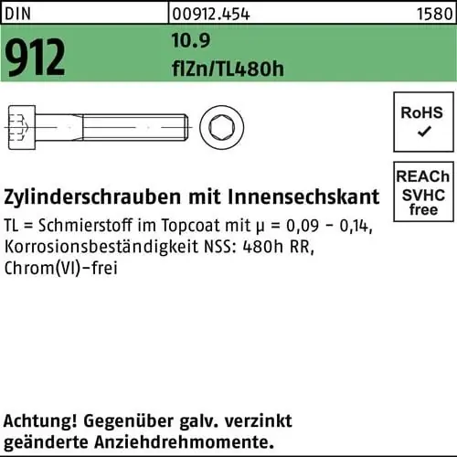 Zylinderschraube DIN 912 Innen-6kt M20x180 10.9 flZnnc 480h-L 10St. Abverkauf