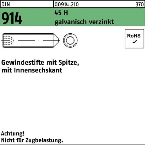 Gewindestift DIN 914 Spitze/Innen-6kt M20x20 45 H galv.verz. 100St. Top-Seller
