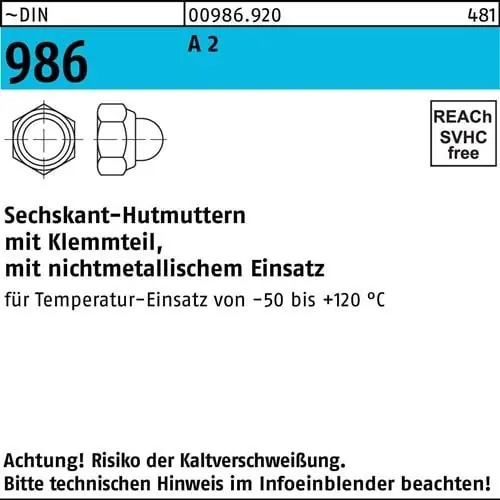 Sechskanthutmutter DIN 986 Klemmteil M5 A 2 100 Stück Markenprodukt