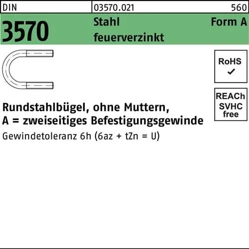 Rundstahlbügel DIN 3570 o.Mutter A 64/NW 50 Stahl feuerverz. 50 Stück Echt