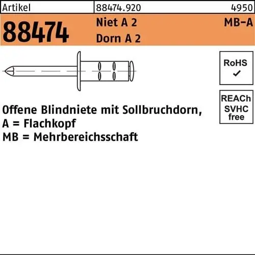 Blindniete R 88474 FLAKO 4,8x 10 Niet A 2/Dorn A 2 500 Stück Neu Im Sortiment