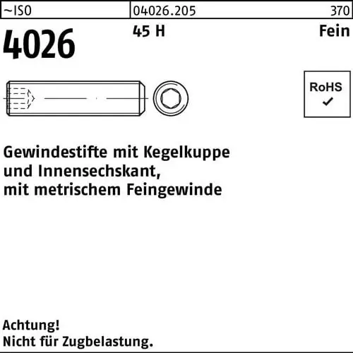 Gewindestift ISO 4026 Kegelkuppe/Innen-6kt M16x 1,5x 50 45 H 50 Stück Kostenloser Versand