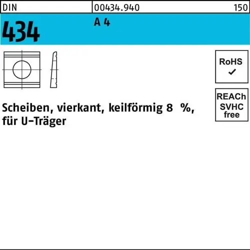 U-Scheibe DIN 434 vierkant keilförmig 17,5 A 4 Neigung 8% 25 Stück Begrenztes Angebot