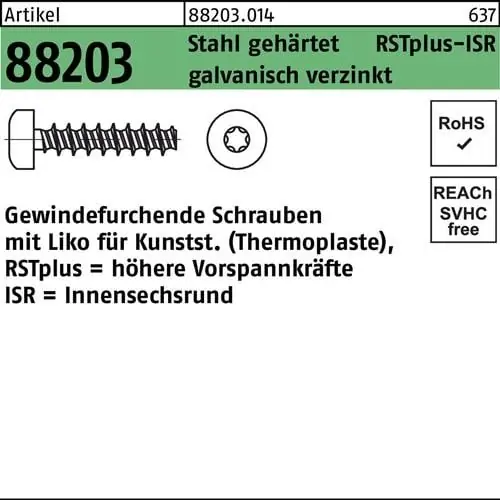 Gewindefurchendeschraube R 88203 Liko ISR 3,5x10-T15 Stahl geh.galv.verz. 500St. Geprüft