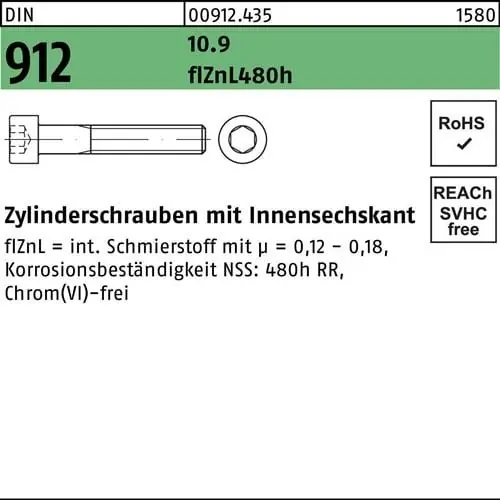 Preisknaller Zylinderschraube DIN 912 Innen-6kt M20x60 10.9 flZnL/nc/x/x/480h/C 25St.