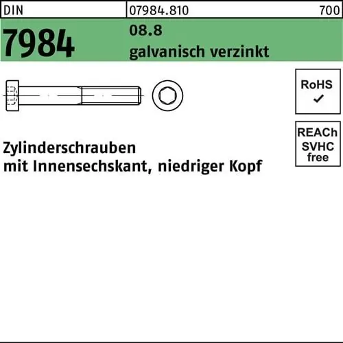 Zylinderschraube DIN 7984 Innen-6kt M6x70 8.8 galv.verz. 200St. Preis Gesenkt