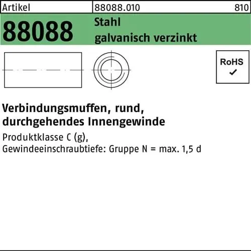 Verbindungsmuffe R 88088 rund IG M10x40x13 Stahl galv.verz. durchg. IG 50St. Meistverkauft