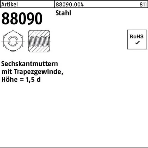Neuheit Sechskantmutter R 88090 Trapezgewinde TR16x4-SW27x24 Stahl Höhe=1,5d 1 Stück