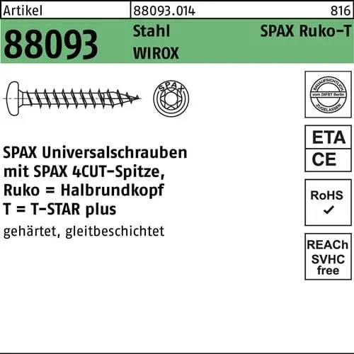 Neue Kollektion Schraube R 88093 Ruko Spitze/T-STAR 5x60/56-T20 Sta galv.verz. WIROX 100St. SPAX