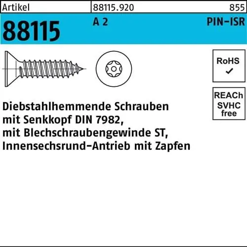 Schraube R 88115 diebstahlh. Seko ISR Zapfen 5,5x 38 A 2 100 Stück Neuheit