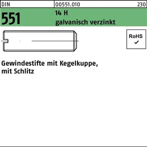 Gewindestift DIN 551 Kegelkuppe/Schlitz M4x6 14 H galv.verz. 200St. Ausverkauf