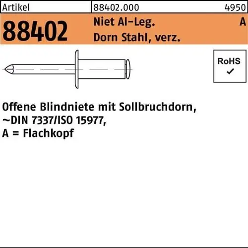 Geprüft Blindniete R 88402 FLAKO 6x18 Niet Aluminium/Dorn Stahl verz. 250St.