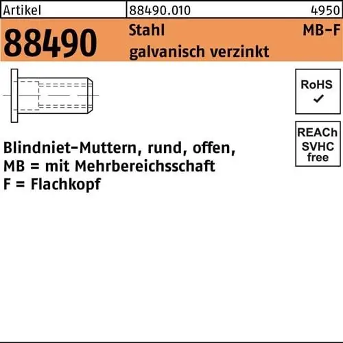 Blindnietmutter R 88490 FLAKO M8/0,5 - 7,5 Stahl galv.verz. 500St. Schneller Versand