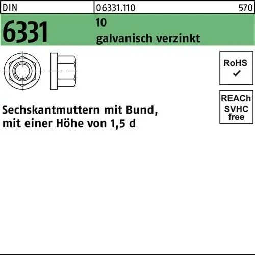 Expressversand Sechskantmutter DIN 6331 Bund M12 SW 18 10 galv.verz. 25 Stück