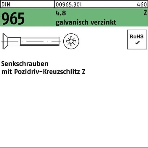 Sofort Bestellen Senkschraube DIN 965 PZ M4x 16-Z 4.8 galv.verz. 2000St.