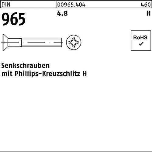 Highlight Senkschraube DIN 965 PH M6x 12-H 4.8 1000 Stück