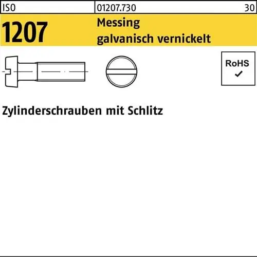 Markenprodukt Zylinderschraube ISO 1207 Schlitz M4x30 Messing galv. vernickelt 200St.