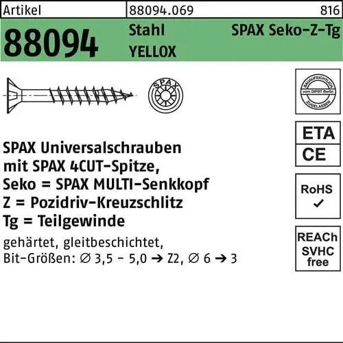 Neuheit Schraube R 88094 SEKO Spitze/PZ 3,5x40/22-Z Stahl galv.verz. gelb 1000St. SPAX