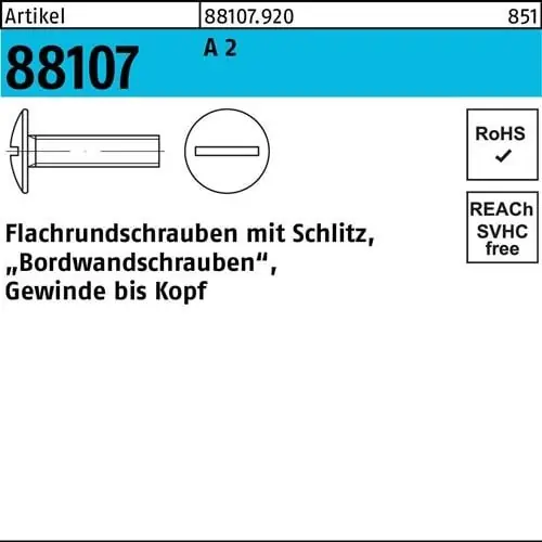 Kostenloser Versand Flachrundschraube R 88107 Schlitz VG M6x 16 A 2 500 Stück