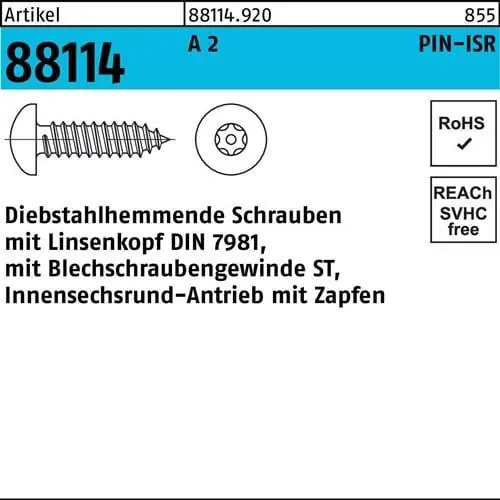 Schraube R 88114 diebstahlh. Liko ISR Zapfen 4,8x 25 A 2 100 Stück Jetzt Kaufen