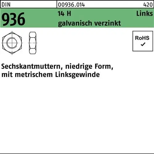 Gratis Versand Sechskantmutter DIN 936 links M10 -LH 14 H galv.verz. 100 Stück