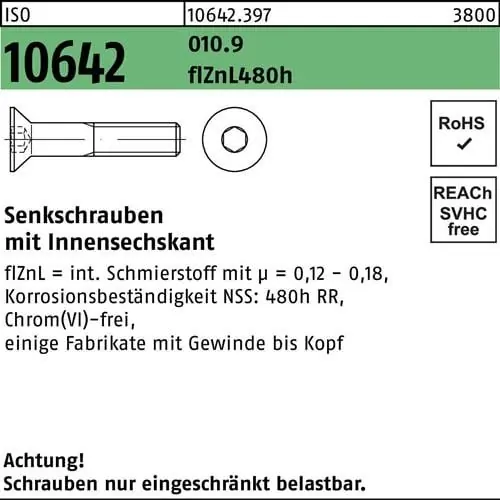 Senkschraube ISO 10642 Innen-6kt M16x50 010.9 flZnL 480h zinklamellenb. 50St. Wochenendangebot