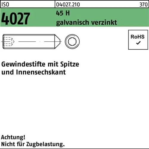 Gewindestift ISO 4027 Spitze/Innen-6kt M5x4 45 H galv.verz. 1000St. Preis Gesenkt
