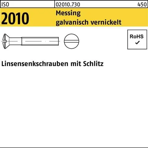 Linsensenkschraube ISO 2010 Schlitz M4x8 Messing galv. vernickelt 200St. Direktkauf