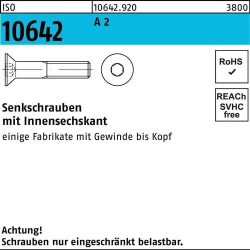 Top-Angebot Senkschraube ISO 10642 Innen-6kt M6x 55 A 2 100 Stück