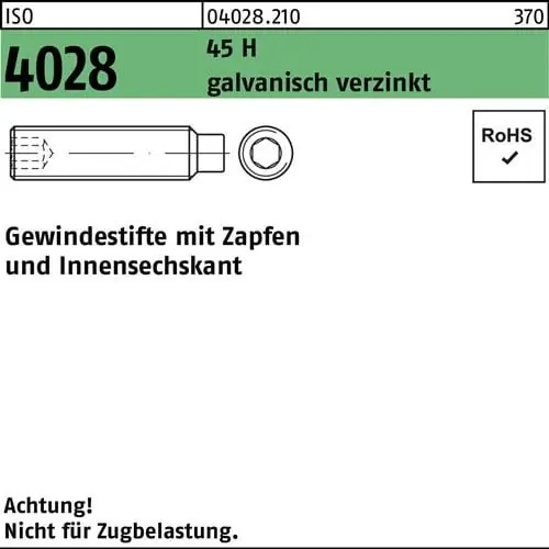 Gewindestift ISO 4028 Zapfen/Innen-6kt M8x12 45 H galv.verz. 500St. Finale Aktion