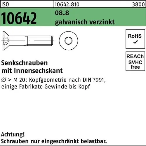 Senkschraube ISO 10642 Innen-6kt M20x 80 8.8 galv.verz. 25 Stück Nur Heute