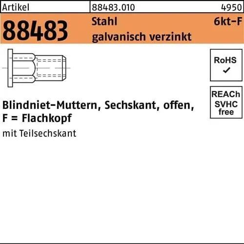 Sechskantblindnietmutter R 88483 FLAKO M5 /0,5 -3,5 Stahl galv.verz. 500St. Zertifiziert